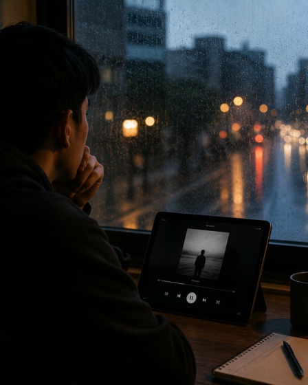 pendengar menikmati lagu tentang perpisahan dengan headphone