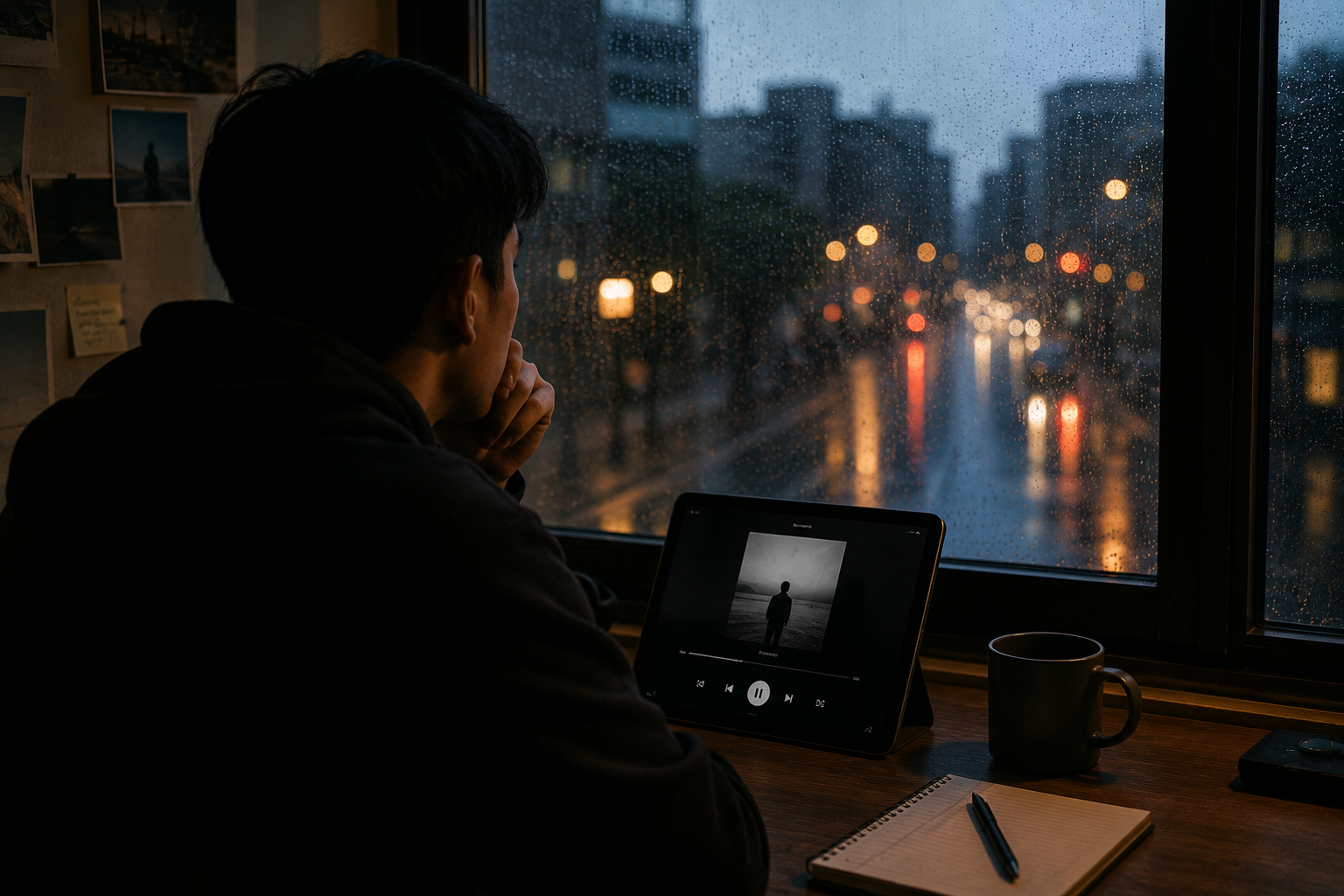 pendengar menikmati lagu tentang perpisahan dengan headphone