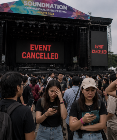 kerumunan penonton menghadapi pembatalan konser musik