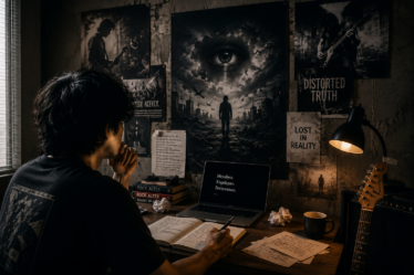vokalis rock alternatif menyanyikan lirik penuh makna metafora gelap rock alternatif