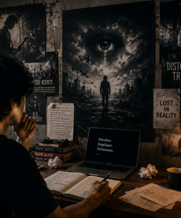 vokalis rock alternatif menyanyikan lirik penuh makna metafora gelap rock alternatif