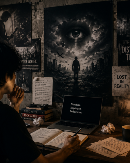 vokalis rock alternatif menyanyikan lirik penuh makna metafora gelap rock alternatif