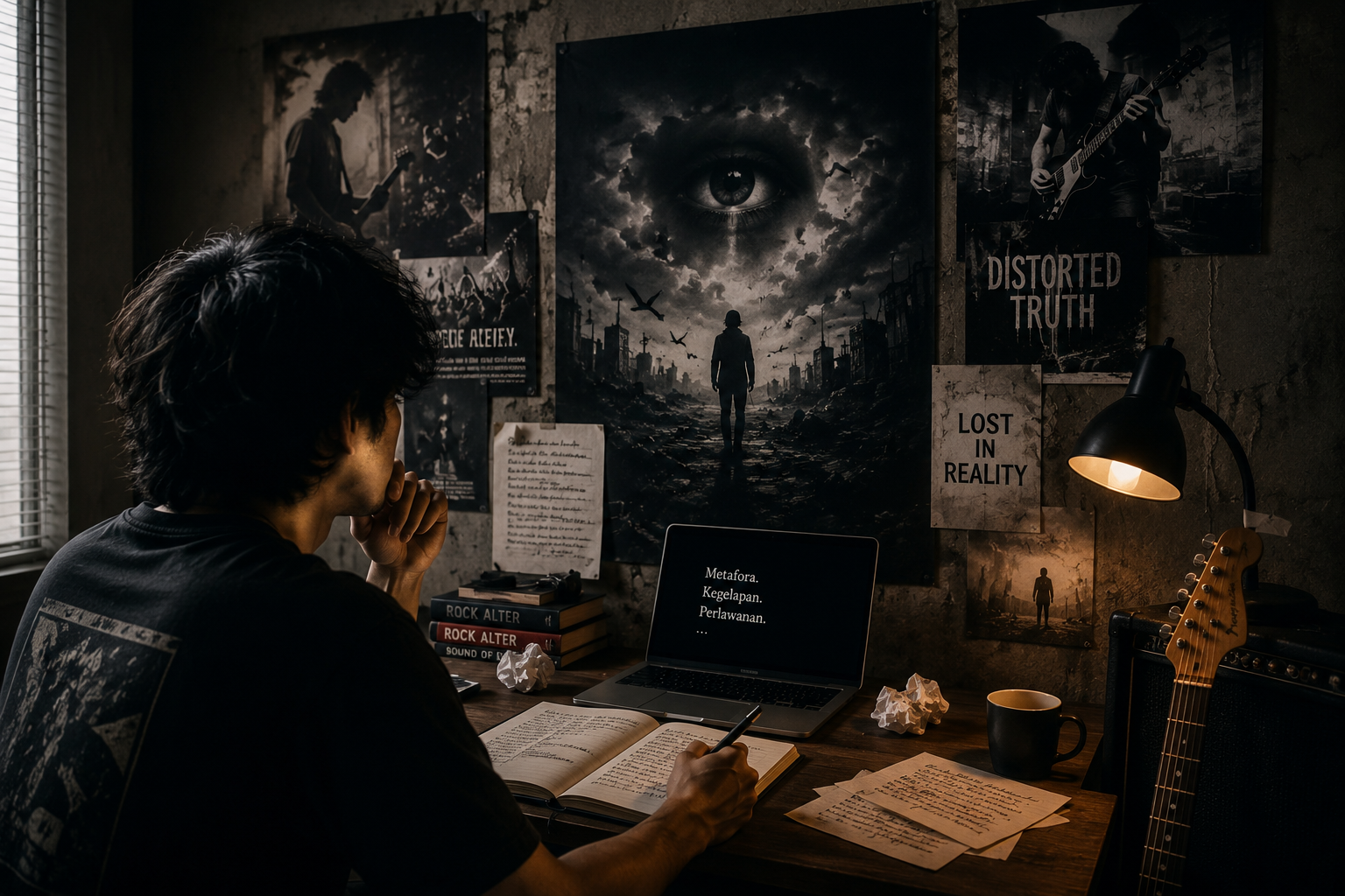 vokalis rock alternatif menyanyikan lirik penuh makna metafora gelap rock alternatif