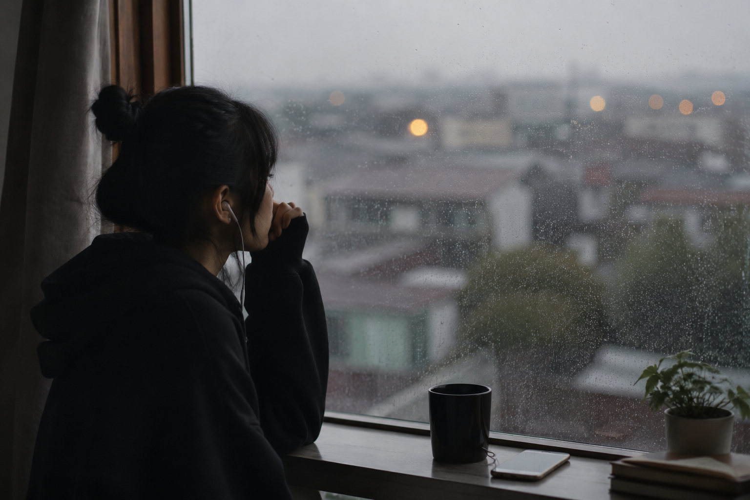 seseorang mendengarkan lagu yang menemani kesedihan dengan headphone