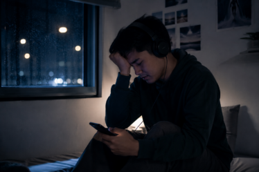 seseorang mendengarkan musik sedih dengan headphone