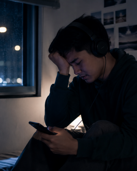 seseorang mendengarkan musik sedih dengan headphone