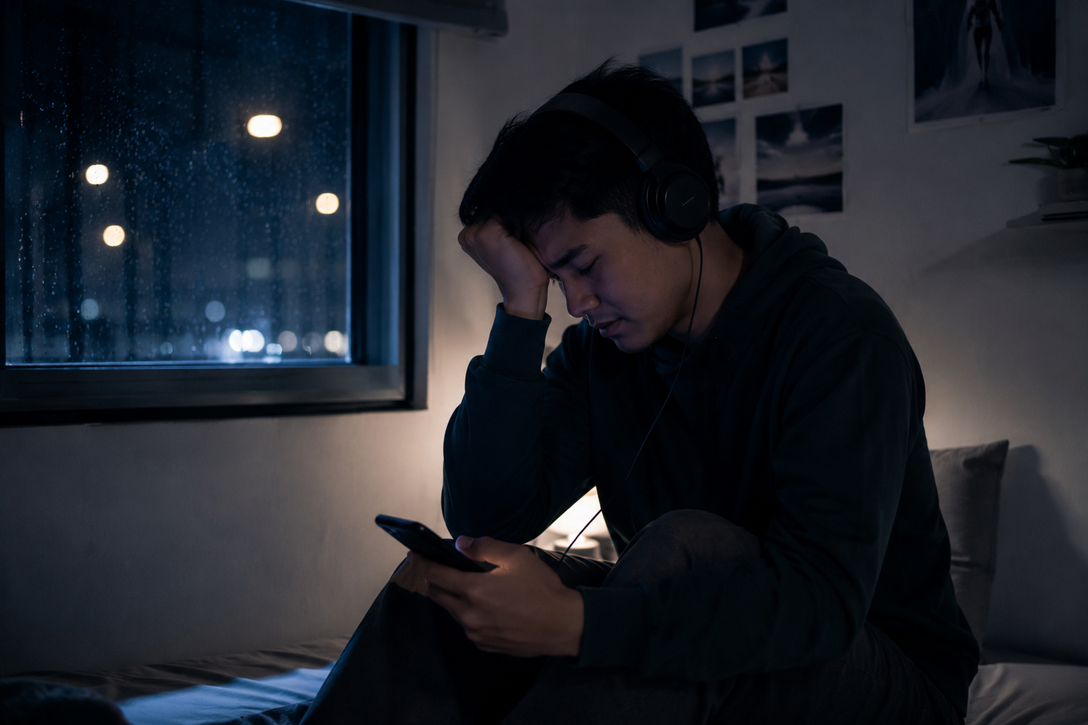 seseorang mendengarkan musik sedih dengan headphone