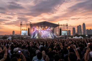 penonton menikmati konser outdoor di stadion terbuka