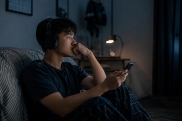 seseorang mendengarkan lagu saat overthinking dengan headphone