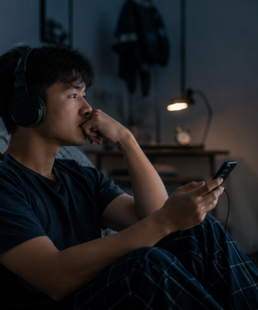 seseorang mendengarkan lagu saat overthinking dengan headphone