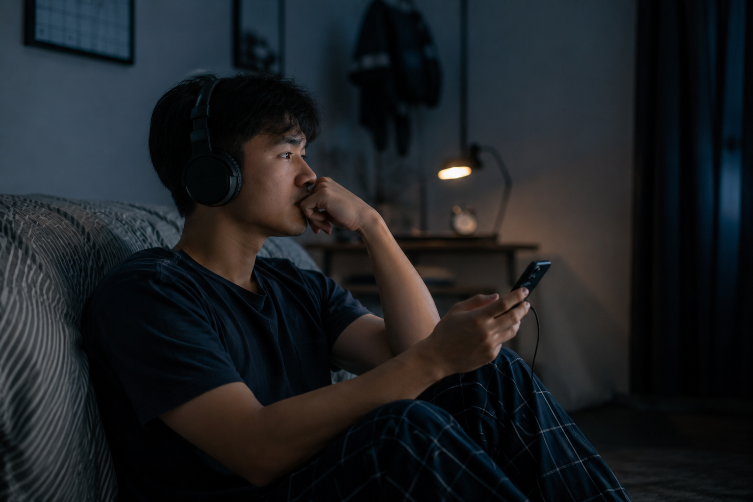 seseorang mendengarkan lagu saat overthinking dengan headphone