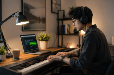 seseorang bekerja sambil mendengarkan musik instrumental modern