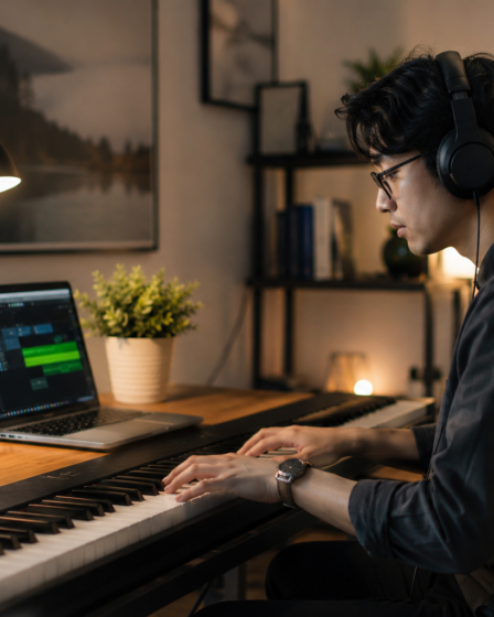seseorang bekerja sambil mendengarkan musik instrumental modern