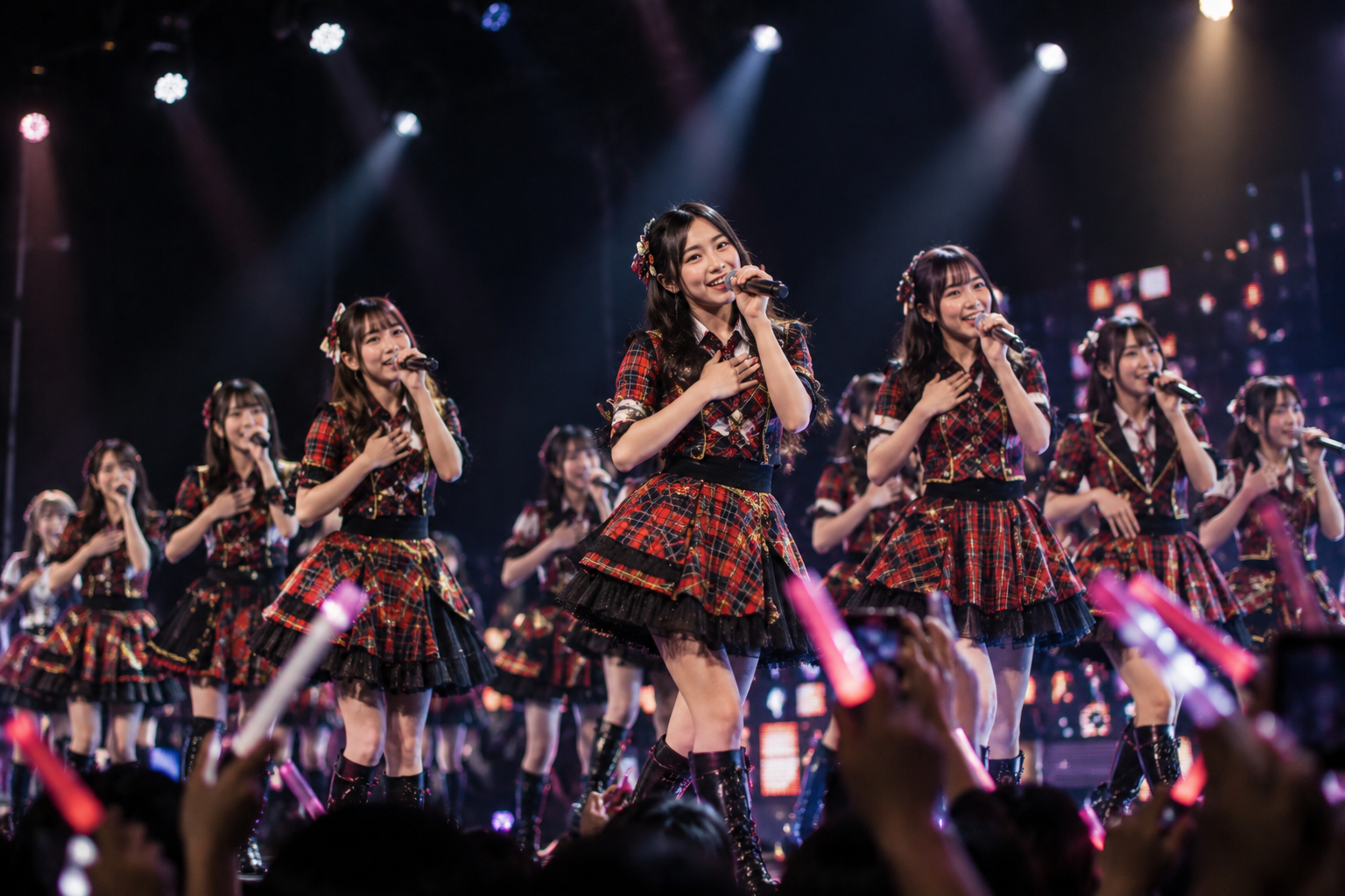 JKT48 saat tampil di atas panggung dengan formasi anggota yang membawakan pertunjukan penuh energi di hadapan para penggemar.