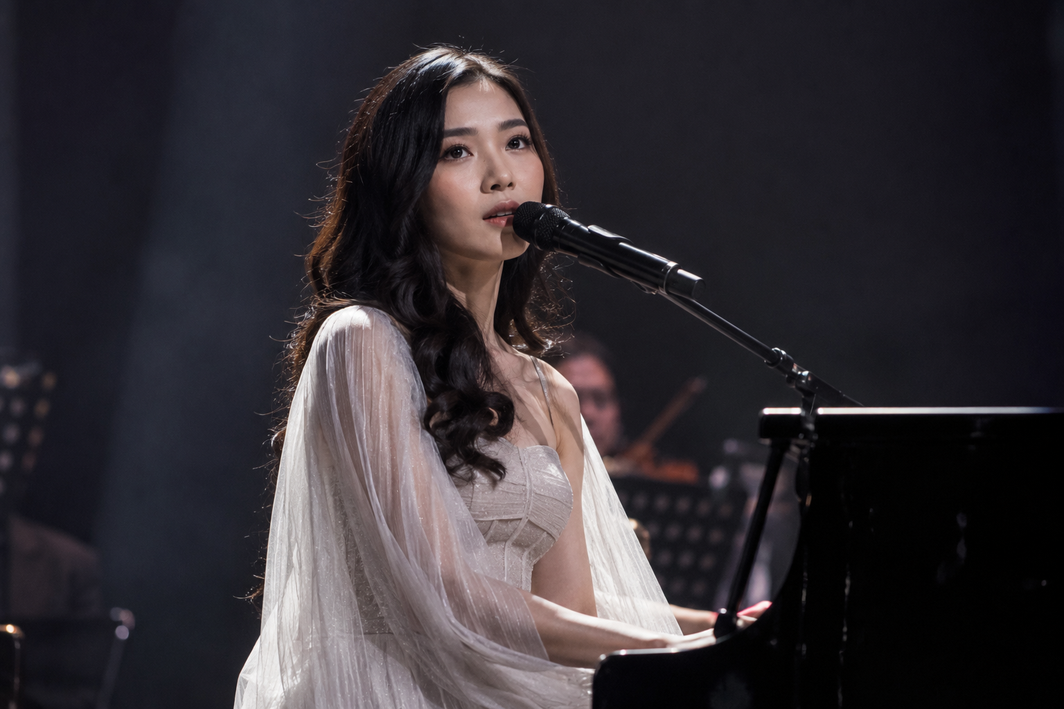 Isyana Sarasvati tampil memainkan piano di atas panggung konser dengan pencahayaan artistik dan suasana megah