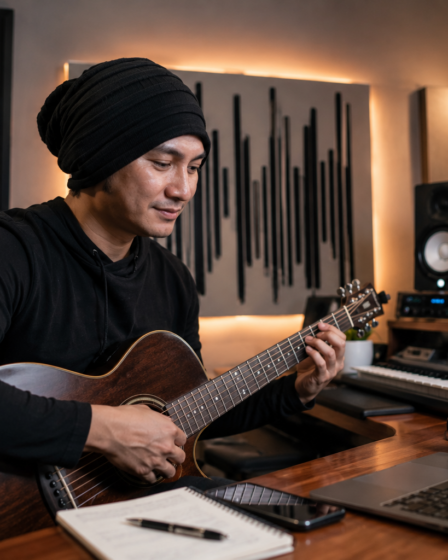 Anji Musisi Indonesia saat tampil membawakan lagu di atas panggung dengan penampilan profesional dan penuh percaya diri.