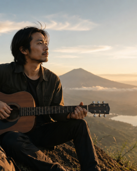 Fiersa Besari tampil membawakan lagu di atas panggung sambil memainkan gitar di hadapan para penonton.