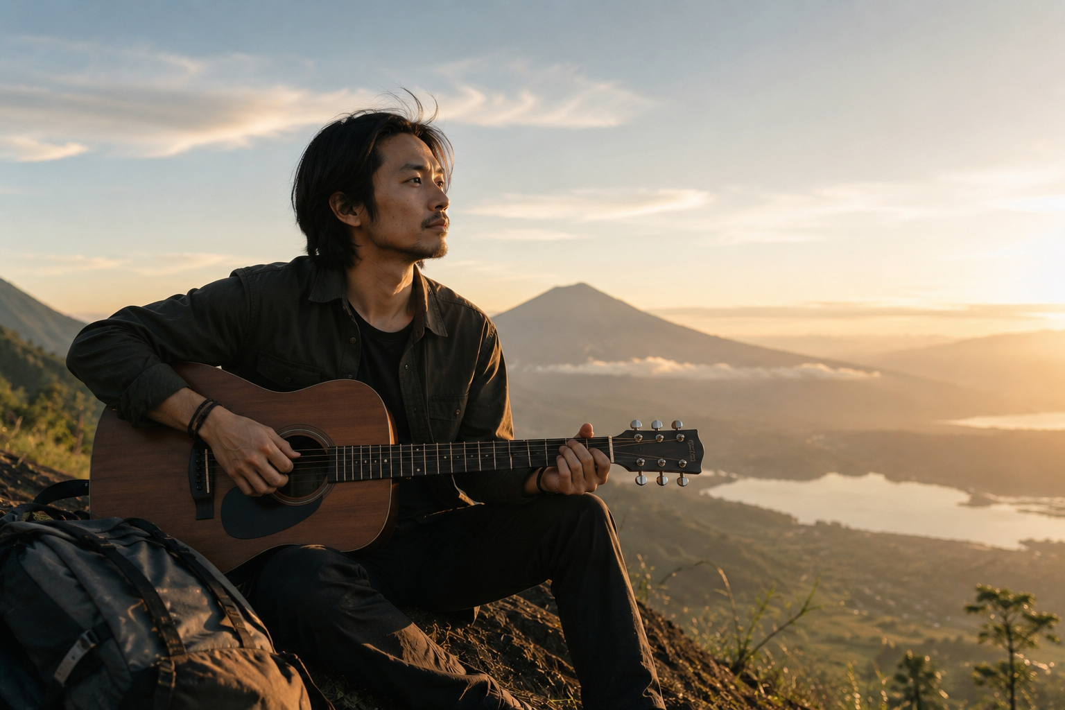 Fiersa Besari tampil membawakan lagu di atas panggung sambil memainkan gitar di hadapan para penonton.
