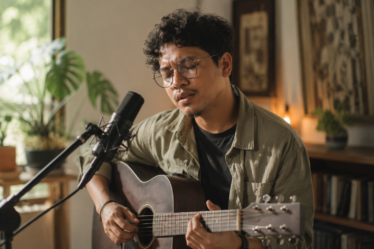 Budi Doremi tampil bernyanyi di atas panggung dengan gitar akustik dan pencahayaan konser yang hangat