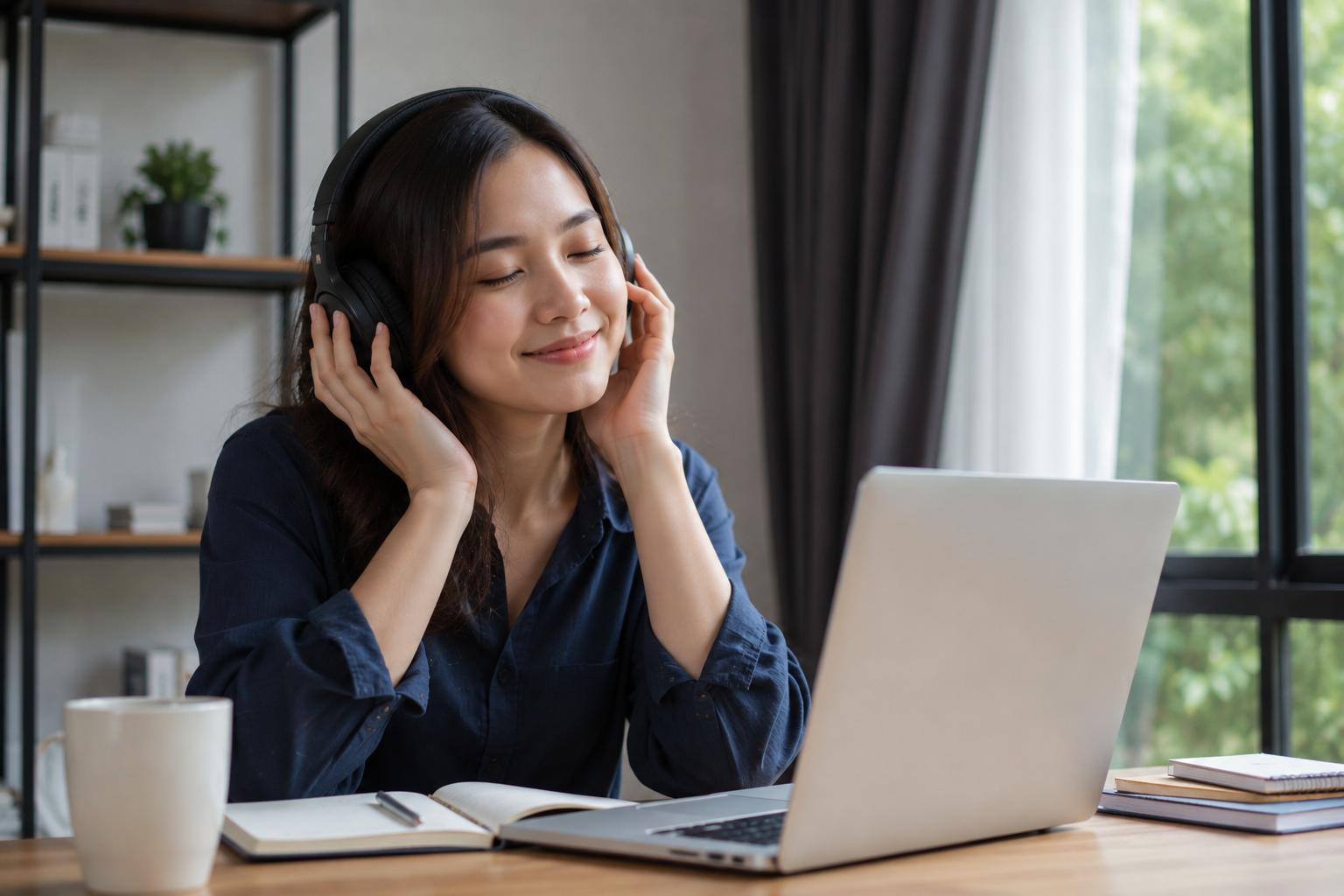 Playlist Lagu Indonesia Terbaik diputar melalui aplikasi streaming musik dengan suasana santai saat bekerja di meja kerja modern