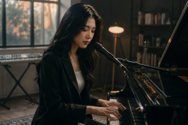 Isyana Sarasvati tampil memainkan piano sambil bernyanyi di atas panggung konser.