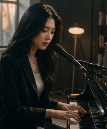 Isyana Sarasvati tampil memainkan piano sambil bernyanyi di atas panggung konser.