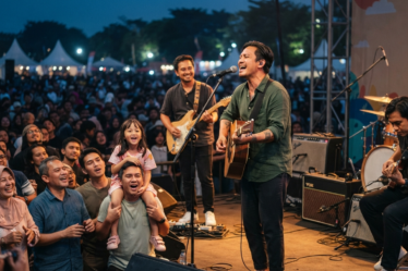 Band Fourtwnty tampil di atas panggung membawakan lagu folk dengan pencahayaan konser yang hangat dan penonton memenuhi area pertunjukan.