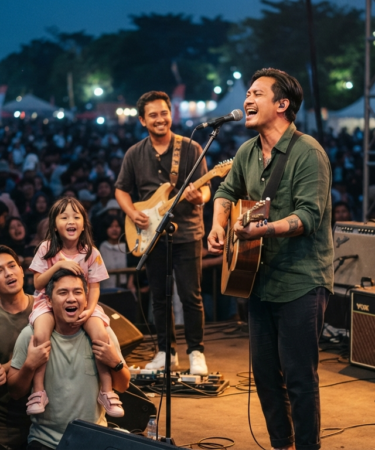 Band Fourtwnty tampil di atas panggung membawakan lagu folk dengan pencahayaan konser yang hangat dan penonton memenuhi area pertunjukan.