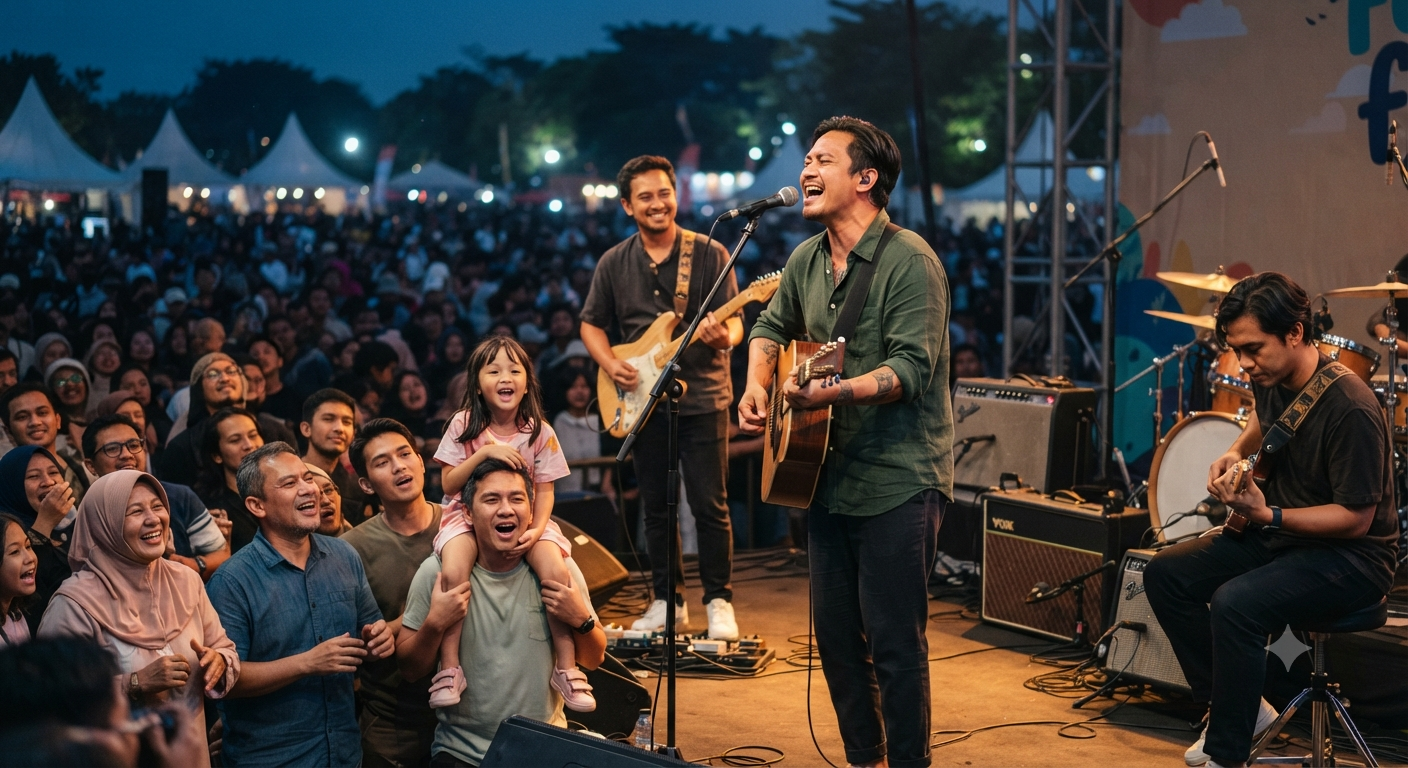 Band Fourtwnty tampil di atas panggung membawakan lagu folk dengan pencahayaan konser yang hangat dan penonton memenuhi area pertunjukan.