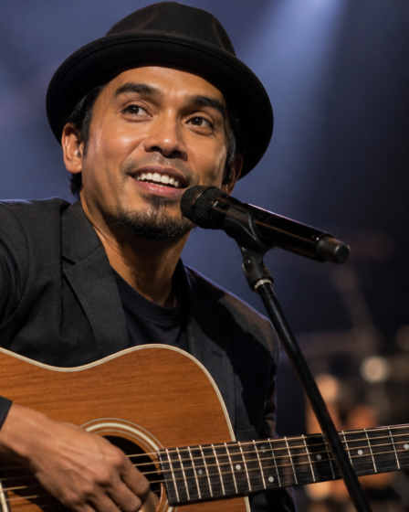Glenn Fredly tampil membawakan lagu di atas panggung konser sebagai salah satu musisi Indonesia yang menginspirasi industri musik.