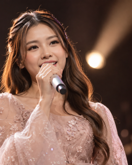 Tiara Andini tampil membawakan lagu di atas panggung konser dengan ekspresi penuh percaya diri dan karakter vokal yang khas.