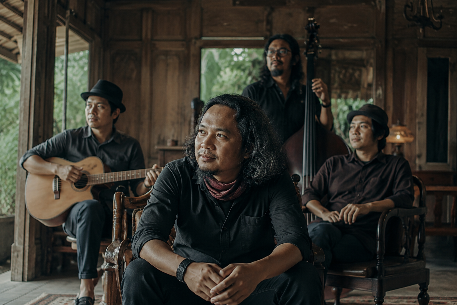 Payung Teduh tampil di atas panggung membawakan lagu folk dengan suasana konser yang hangat dan pencahayaan artistik.