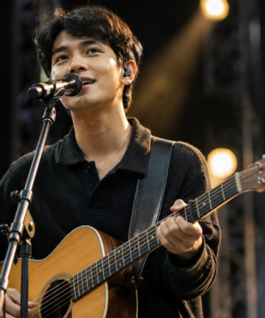Nadhif Basalamah saat tampil membawakan lagu di atas panggung dengan suasana konser yang hangat.