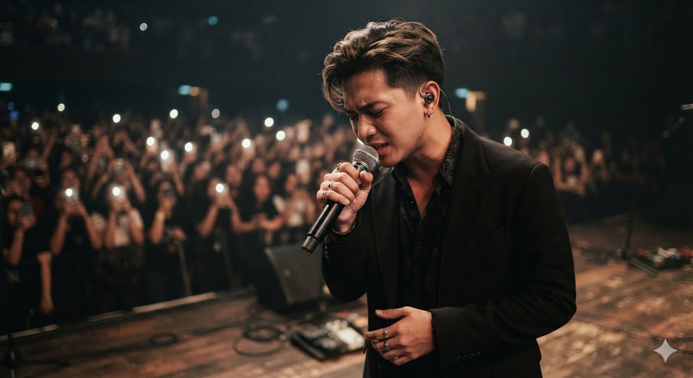 Fabio Asher penyanyi Indonesia saat membawakan lagu patah hati di atas panggung.