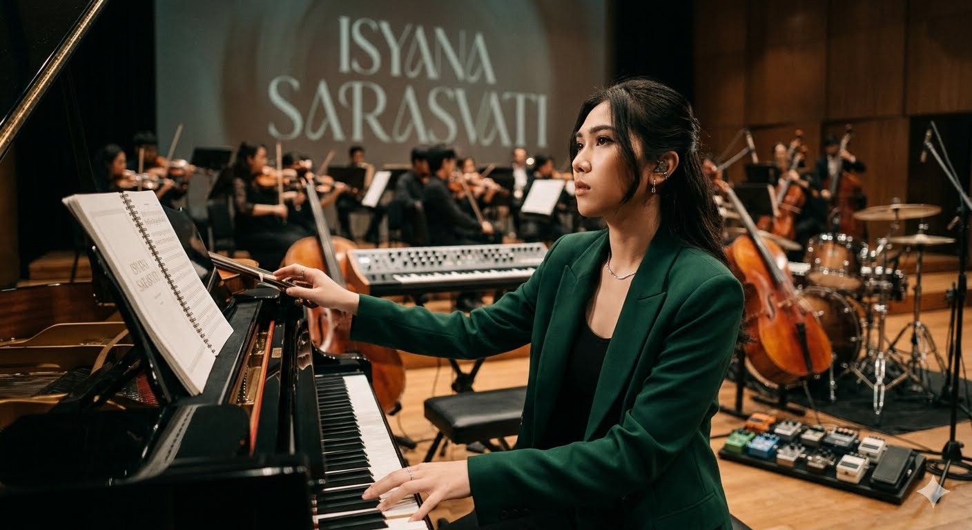 Isyana Sarasvati tampil memainkan piano saat konser musik dengan karakter musikal yang khas.