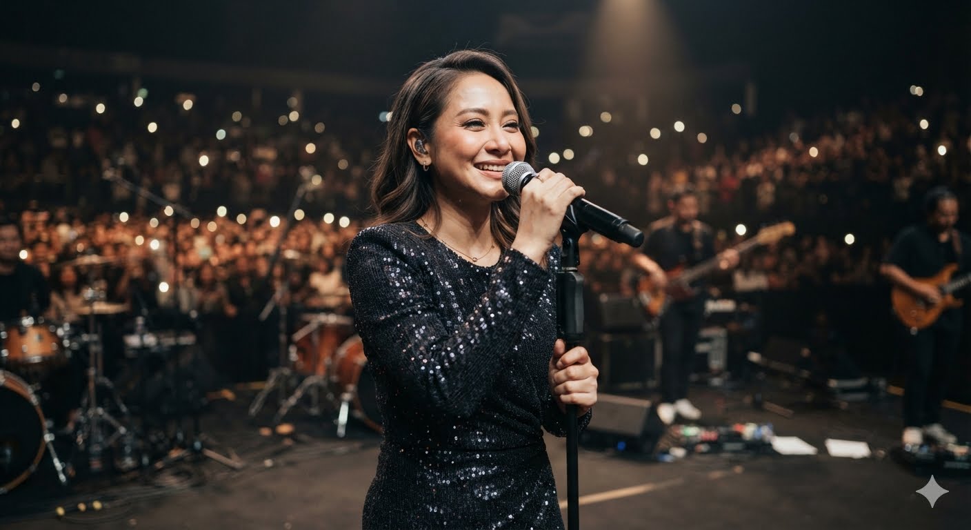 Bunga Citra Lestari tampil membawakan lagu di atas panggung konser dengan penampilan elegan dan vokal yang khas.