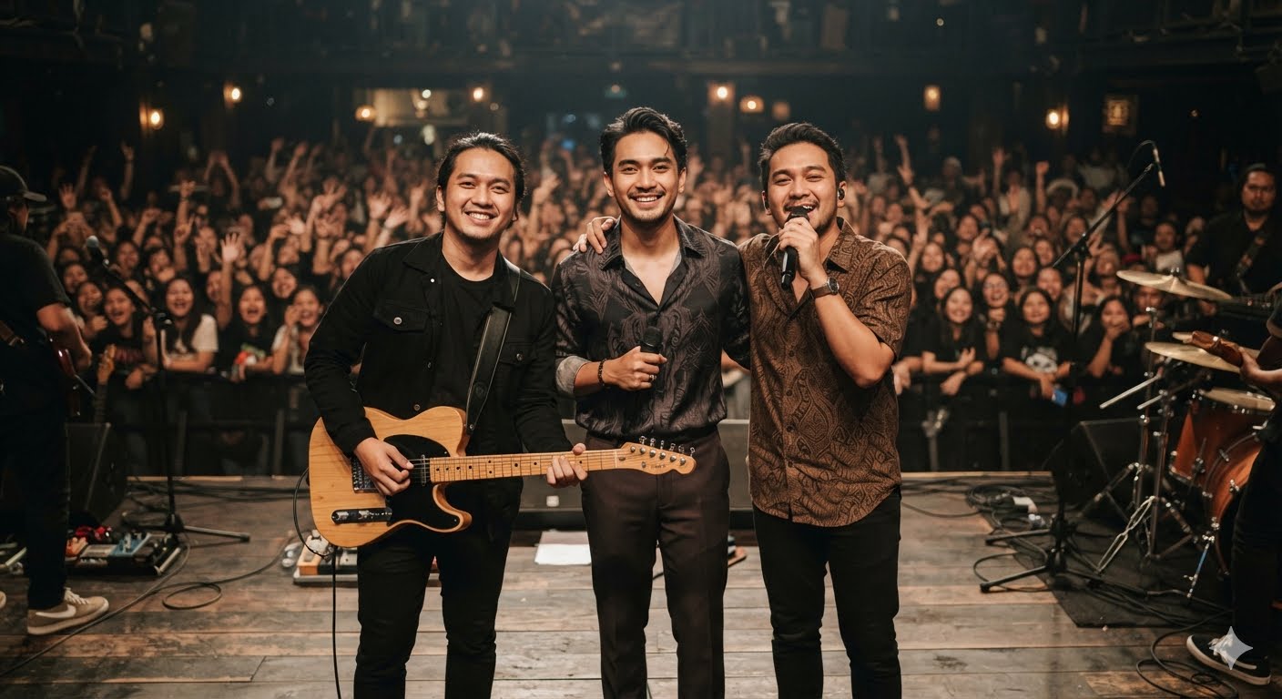 RAN tampil membawakan lagu di atas panggung konser dengan tata cahaya profesional dan antusiasme penonton.