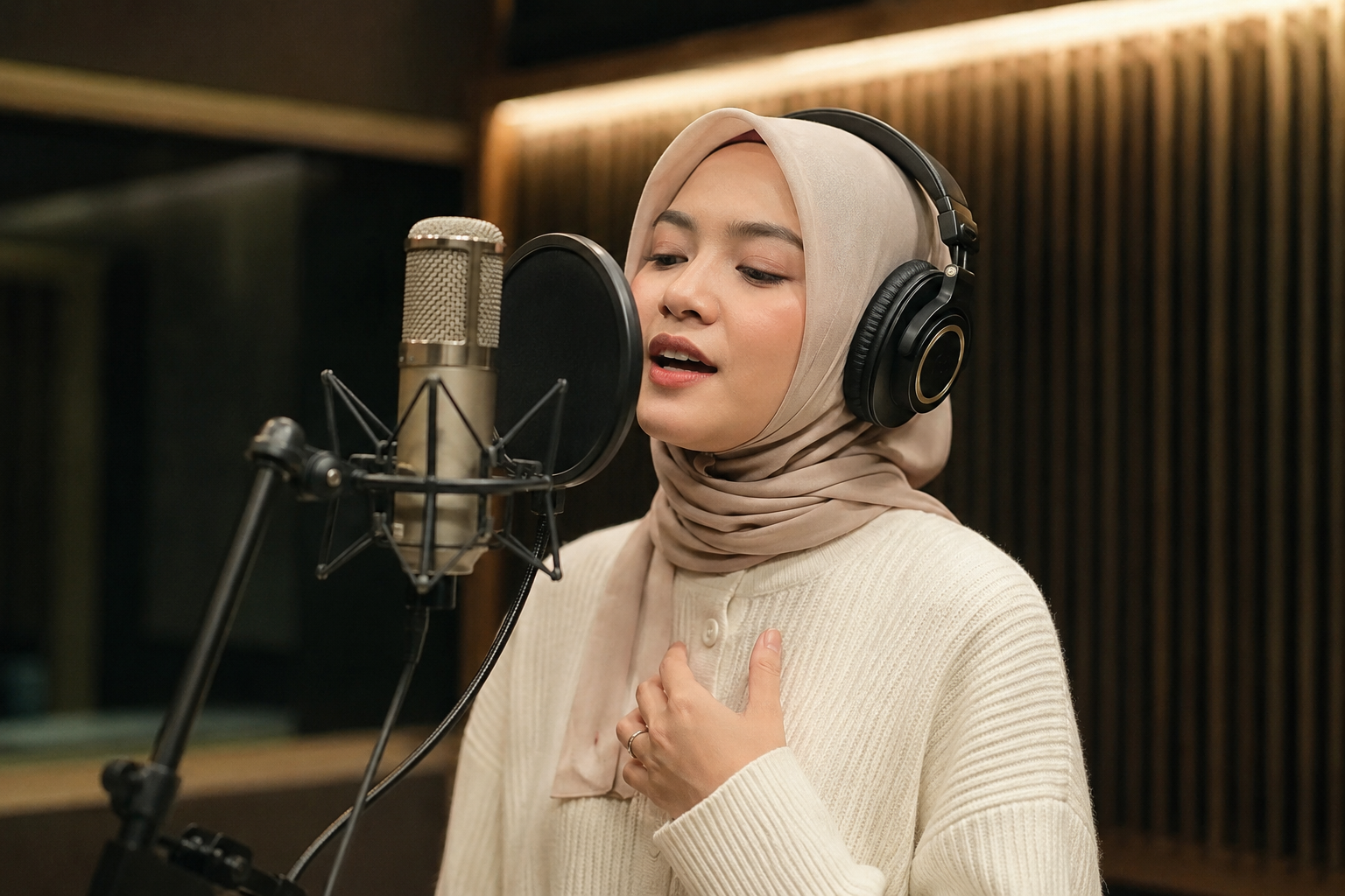 Salma Salsabil tampil membawakan lagu di atas panggung konser.