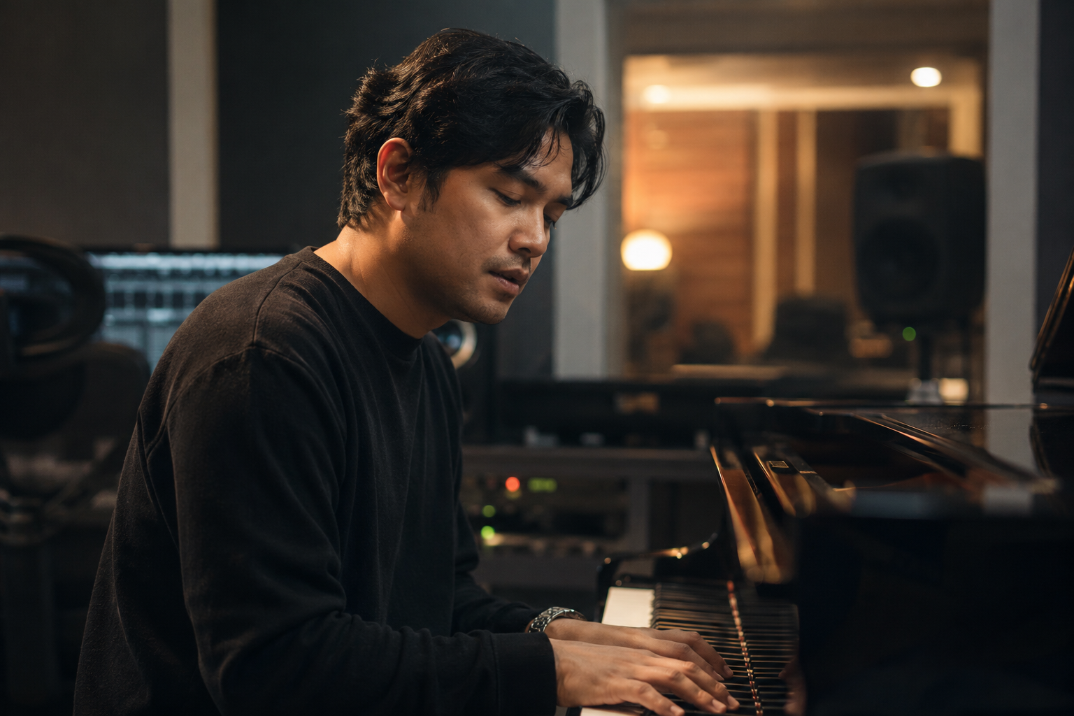 Musisi Petra Sihombing tampil di atas panggung sambil memainkan gitar dengan pencahayaan konser yang hangat.