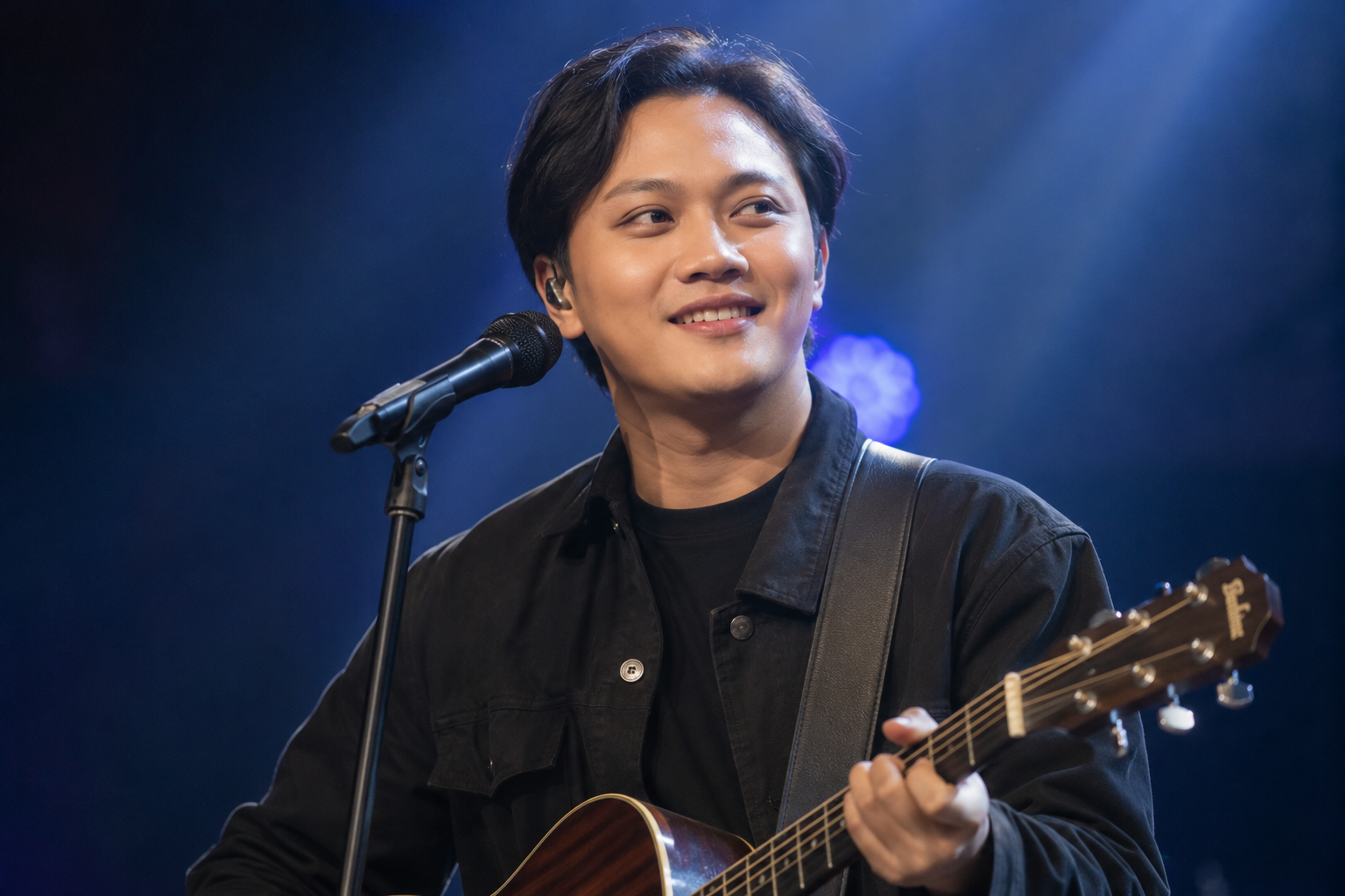 Rizky Febian tampil membawakan lagu di atas panggung konser dengan pencahayaan profesional dan penampilan yang khas.