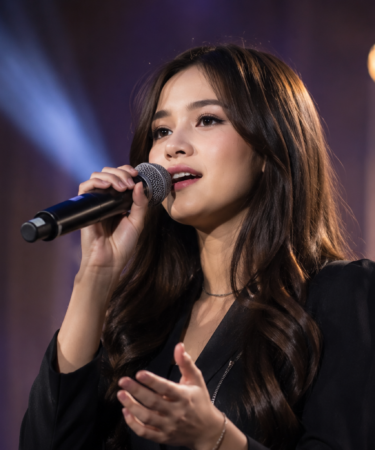Anggi Marito tampil membawakan lagu di atas panggung dengan karakter vokal yang kuat dan emosional sebagai penyanyi pop Indonesia.