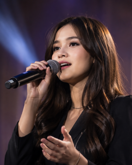 Anggi Marito tampil membawakan lagu di atas panggung dengan karakter vokal yang kuat dan emosional sebagai penyanyi pop Indonesia.