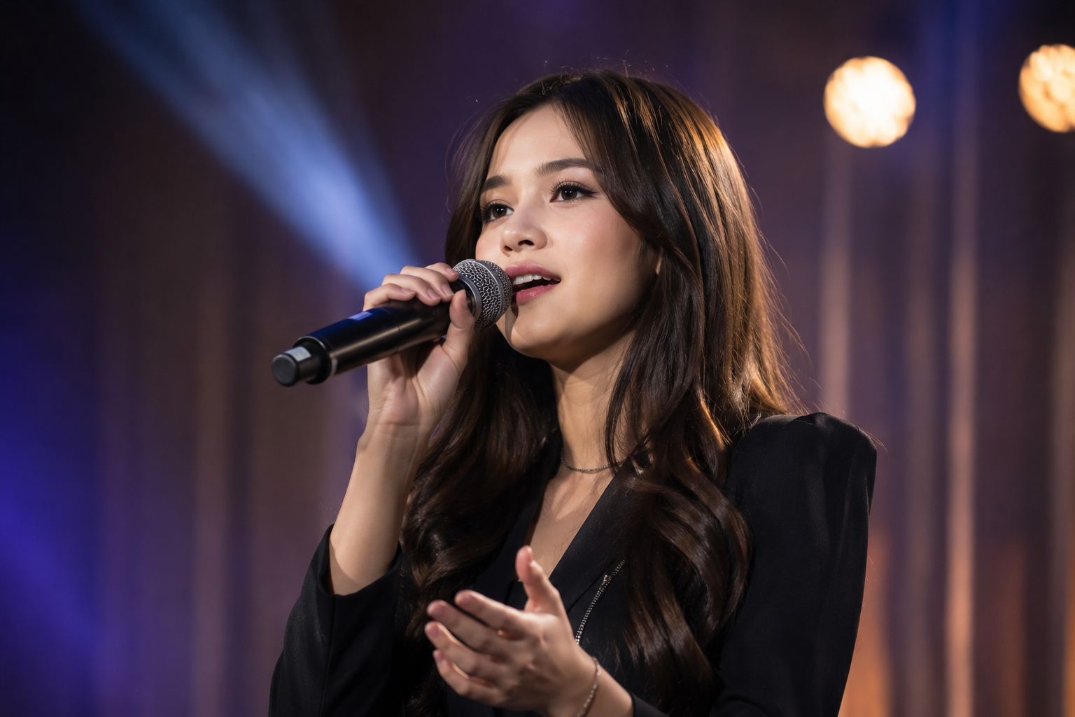 Anggi Marito tampil membawakan lagu di atas panggung dengan karakter vokal yang kuat dan emosional sebagai penyanyi pop Indonesia.