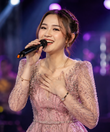 Happy Asmara tampil membawakan lagu di atas panggung konser musik dangdut Indonesia