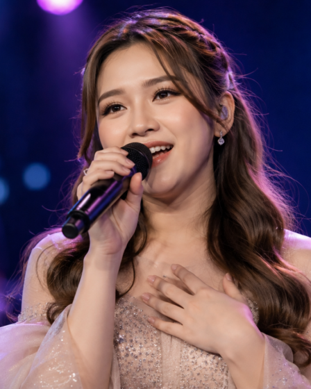 Tiara Andini tampil membawakan lagu di atas panggung konser musik Indonesia